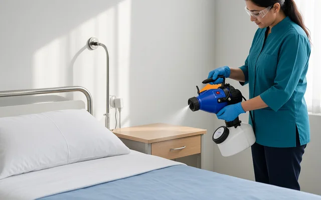 Cleaner using the handheld misting machine in an empty clinical room