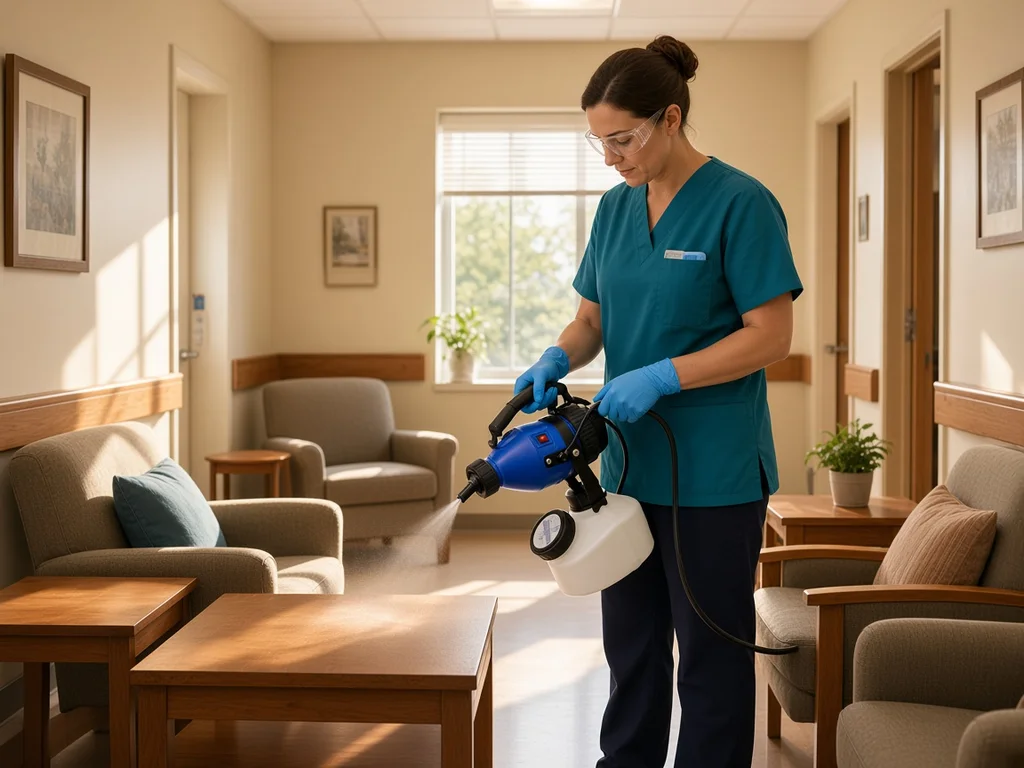 Cleaner using the handheld misting machine in an empty aged care lounge