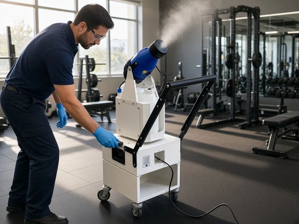 Cleaner operating the MicroSafe 360 in an empty gym
